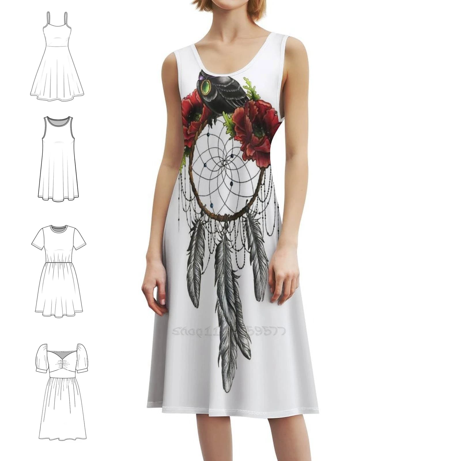 Crow Perching On Dreamcatcher Dreamcatcher Bird Flower Korean Style Casual Dress For Women Simple Daily Office Lady Dresses