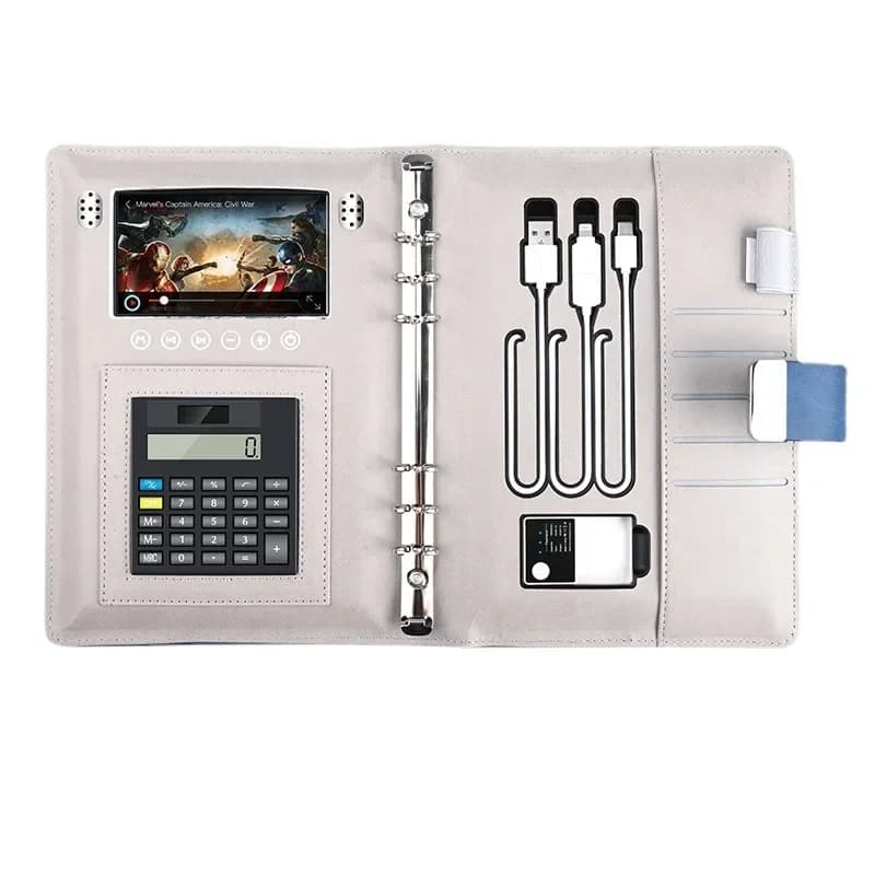 Blocco note con fogli staccabili, chiavetta USB, blocco con impronta digitale e ricarica wireless