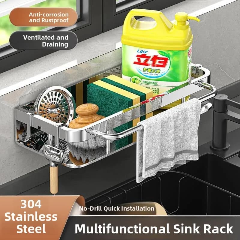 Portaoggetti Multifunzionale per Rubinetto da Cucina in Acciaio Inox, Scolapiatti per Spugne, Ripiano Porta Strofinacci, Organizzatore per Cucina