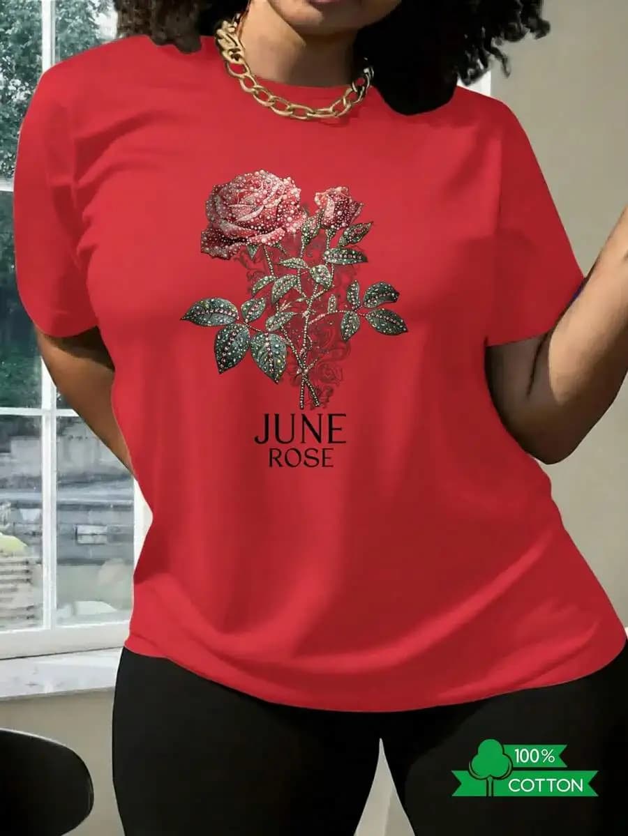 Red Rose Floral Print Womens Round Neck T-Shirt Loose Fit Cotton Casual Tee
