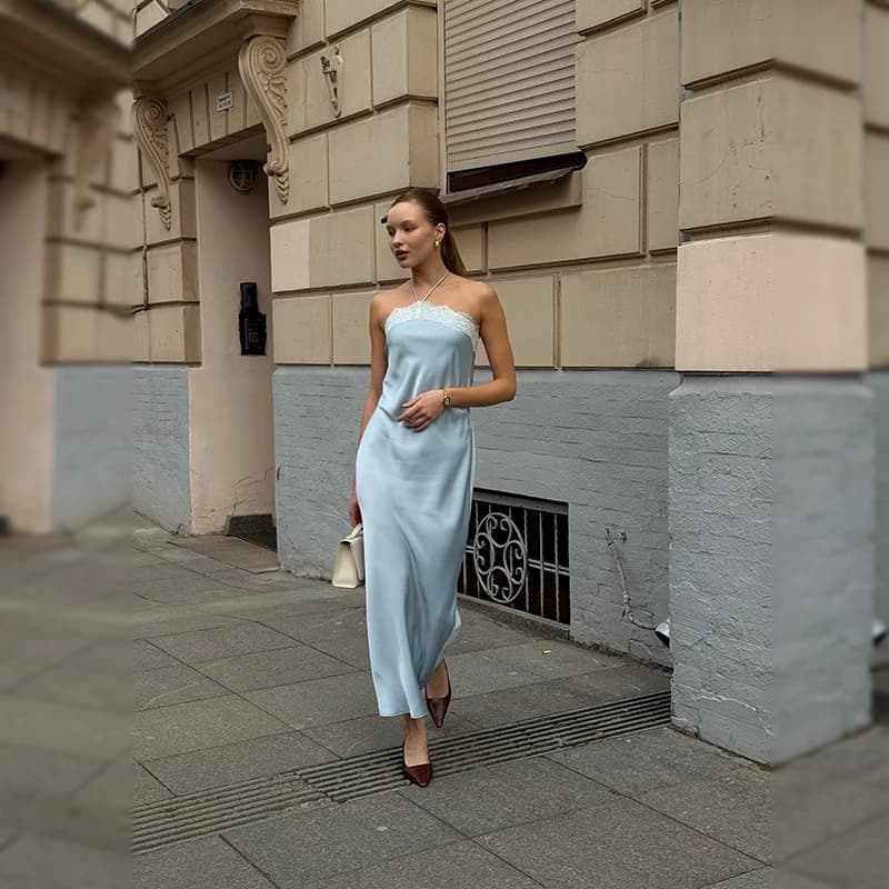 Elegant Halter Women's Maxi Dress Lace Patchwork Satin Open Back Sexy Robe 2026 Summer Vacation Beach Evening Party Long Skirt