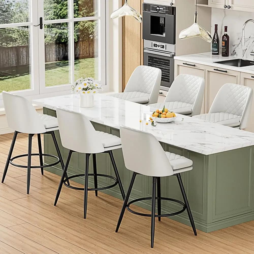 Set of 6, 26 Counter Height Swivel Bar Stools with Back, Upholstered Leather Seats, Metal Footrest, White