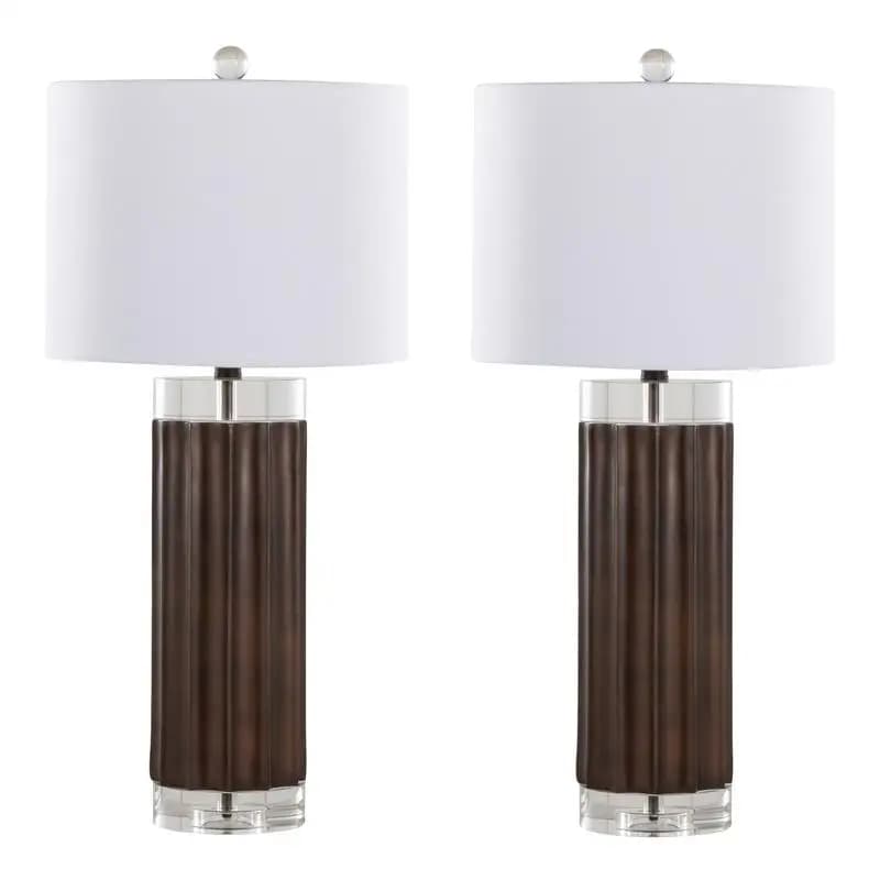 Set di 2 lampade da tavolo contemporanee in poliresina da 29,25" scanalate a cilindro in lucentezza marrone con paralumi in cristallo trasparente K9 e lino bianco