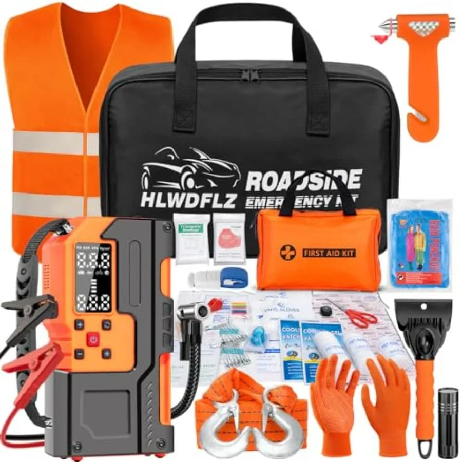 Kit di Emergenza Stradale per Auto con Avviatore d'Emergenza, Compressore d'Aria, Kit di Pronto Soccorso, Cavo di Traino, Kit di Sicurezza Stradale per Donne