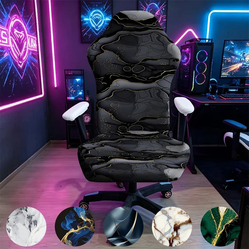 Black Grey Gold Marble Gaming Chair Cover, Stretch Elastic Anti-Scratch Slipcover for Gamer & Office Chair