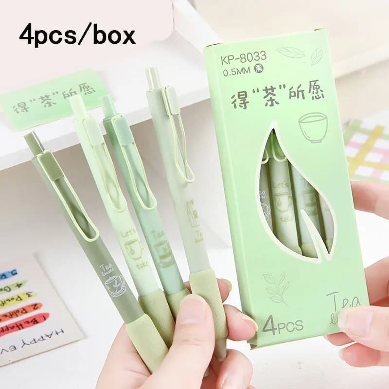 4 Pz/scatola Serie Tè Verde 0.5 MILLIMETRI Penna Gel Per Gli Studenti Morbido Tocco Penna di Scrittura Nero Ricarica di Cancelleria Per Ufficio Materiale Scolastico