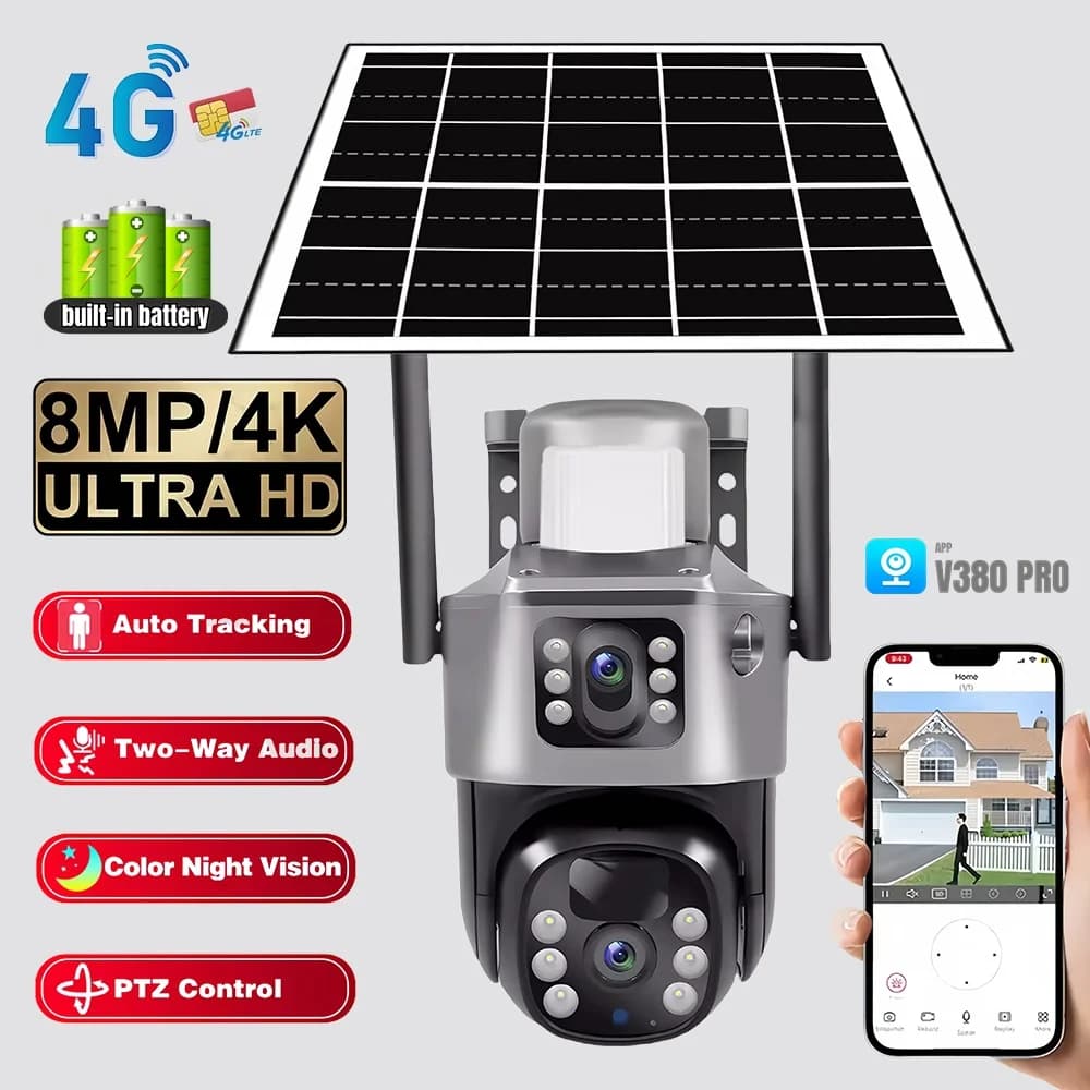 Telecamera IP Solare 4G 8MP V380 Pro, Telecamera di Sorveglianza Wireless PTZ con Rilevamento PIR, Tracciamento del Movimento, Protezione di Sicurezza Esterna CCTV