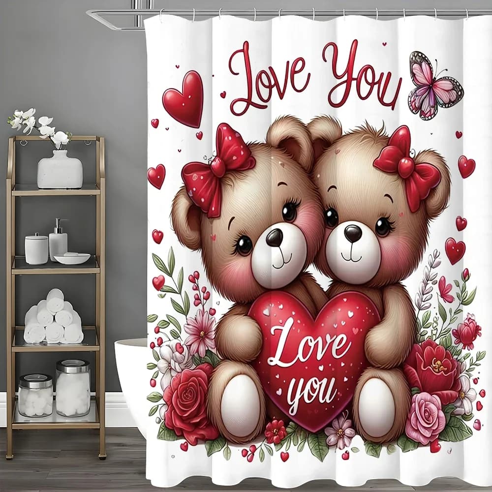 Tenda da doccia con amore floreale simpatico orso di San Valentino, tenda da doccia decorativa per il bagno, tenda da doccia impermeabile con ganci