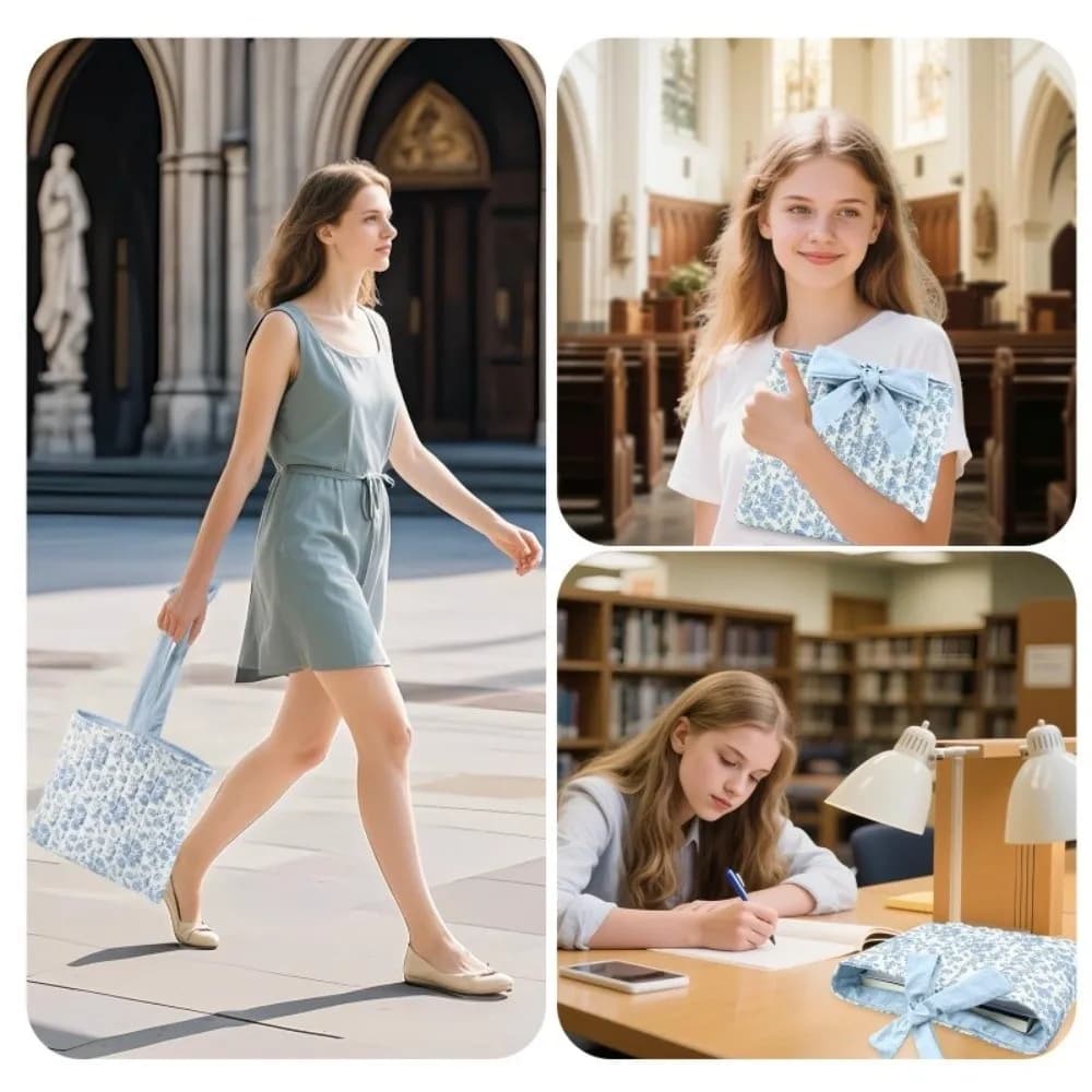 Large Capacity Floral Book Storage Bag Lightweight Bow Tie Cosmetic Organizer Portable Pastel Design Quilted Design Bag