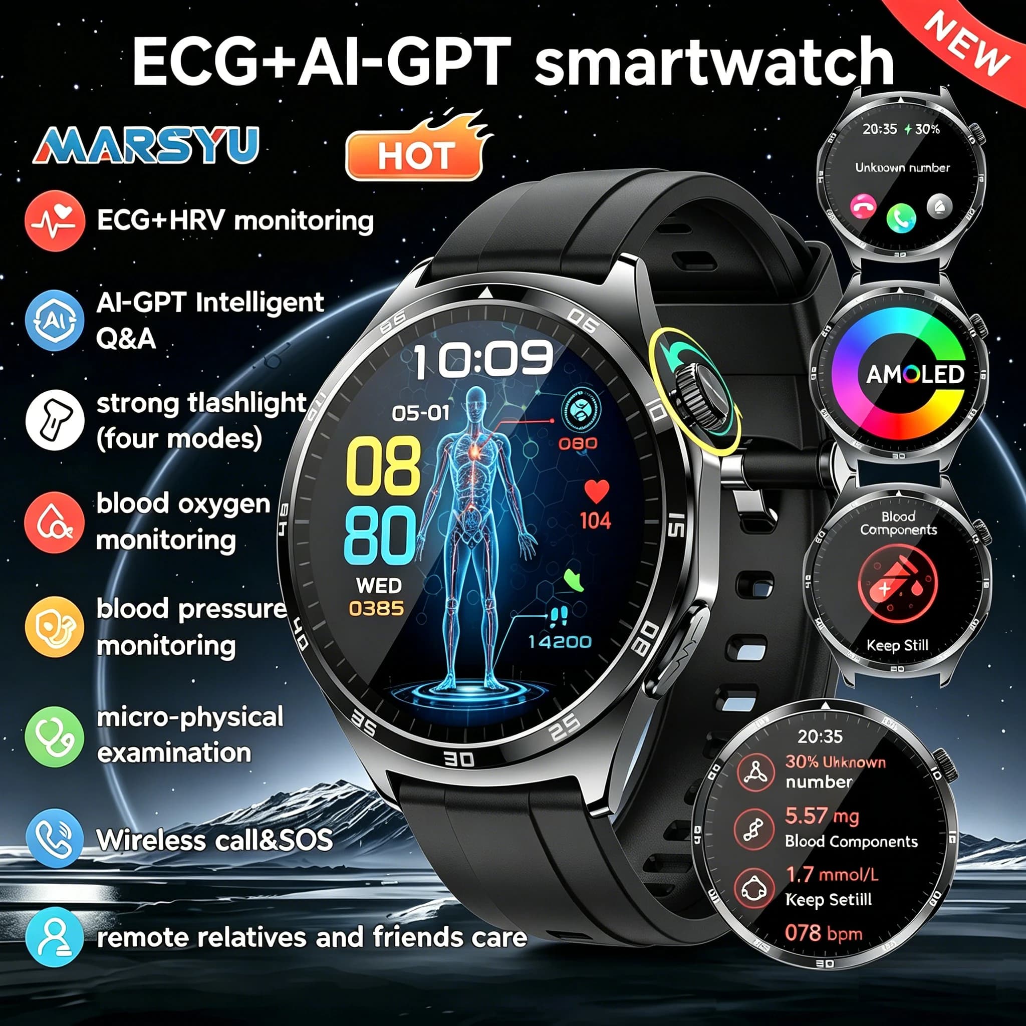 Smartwatch Marsyu ECG+PPG HRV with Oxygen Measurement, Lipids, Urious Acid, Micro-examination, Flashlight, Vocal Calls for Men and Women