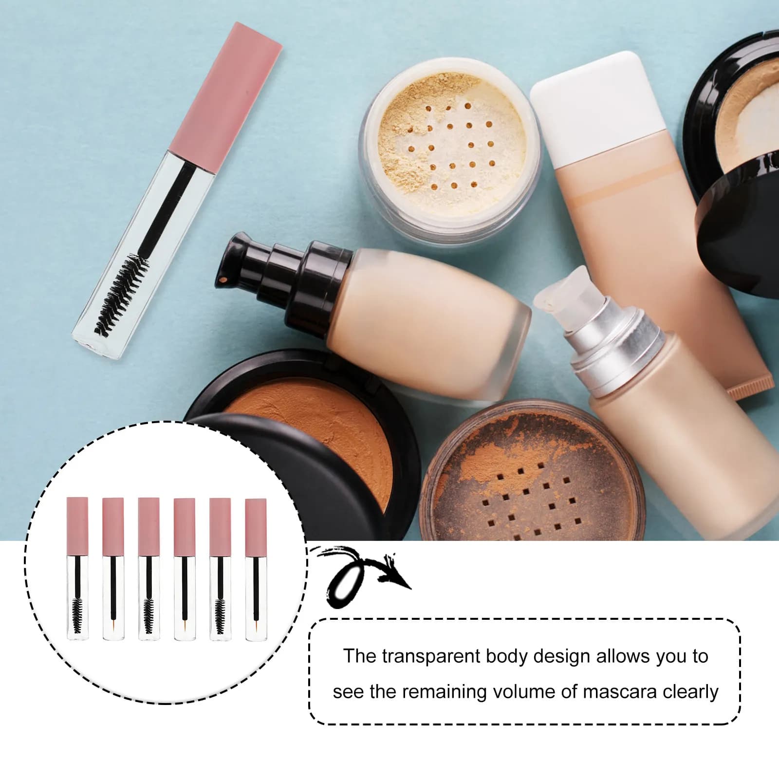 6 small tubes for mascara with brush applicator, transparent container for eyeliner, made of PET material without BPA, comfortable to carry.