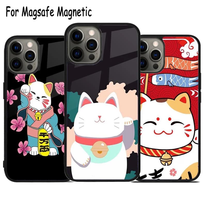 Cover Magnetica Wireless Giapponese Maneki Neko per iPhone 17 Air 15 16 16e 14 13 11 12 Pro Max Plus con MagSafe