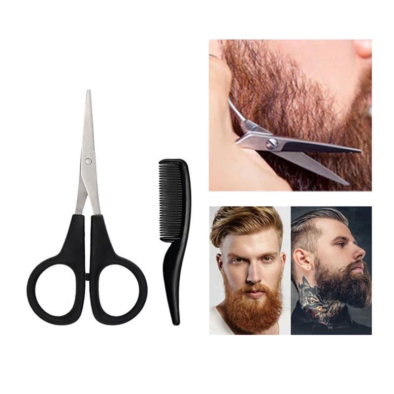 【Mens Beard Mustache Comb Nose Ear Scissors Trimming Kit Household Mini Beard Scissors Set】