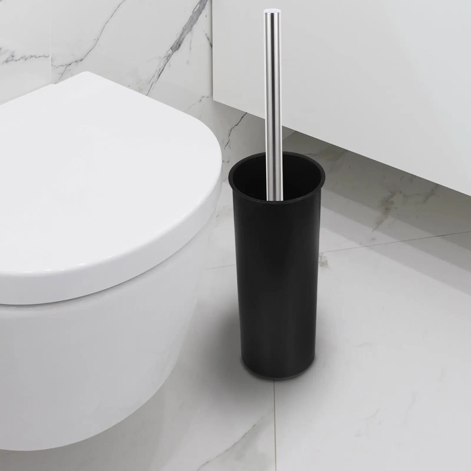 Set di 4 Portascovolini per WC in Plastica Nera, Accessorio Bagno Moderno Rotondo con Base Antimacchia, Contenitore Stabile per Spazzole