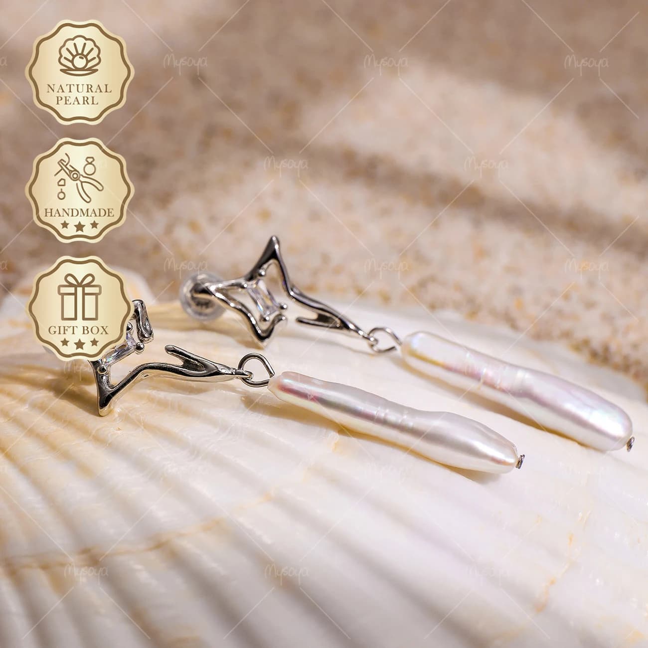 Orecchini con perle barocche MYSOYA Aurora 4-6 mm x 25-28 mm con design a stella argentata, confezione regalo, regalo di anniversario S378