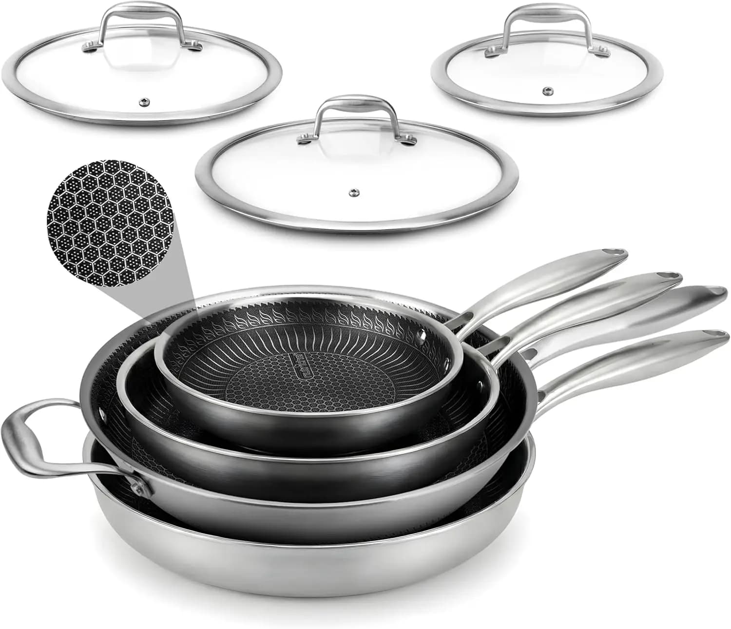 Set of 7 Stainless Steel Plates with Wok - Non-stick, Compatible with Induction, Suitable for Oven