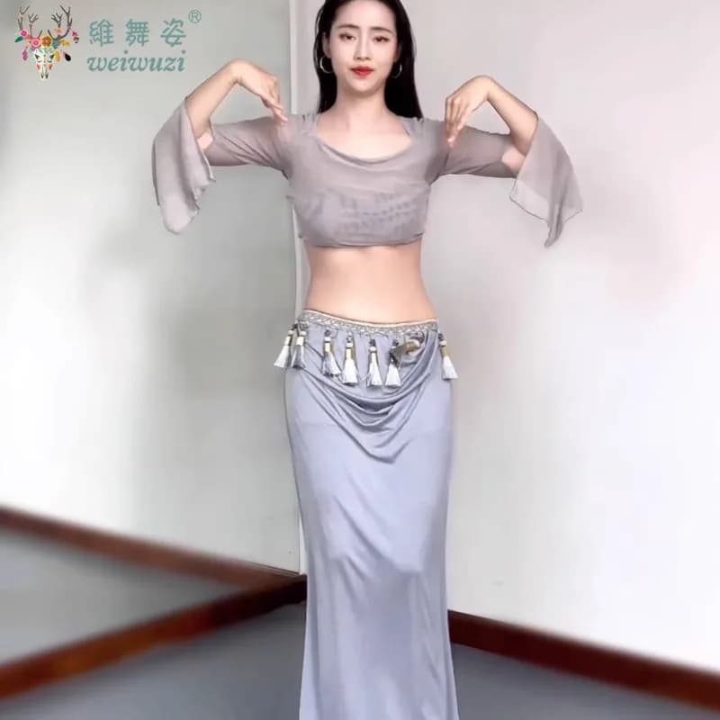 Costume da danza del ventre per donna Set in rete confortevole e traspirante Abbigliamento per pratica di danza del ventre orientale per adulti con cintura