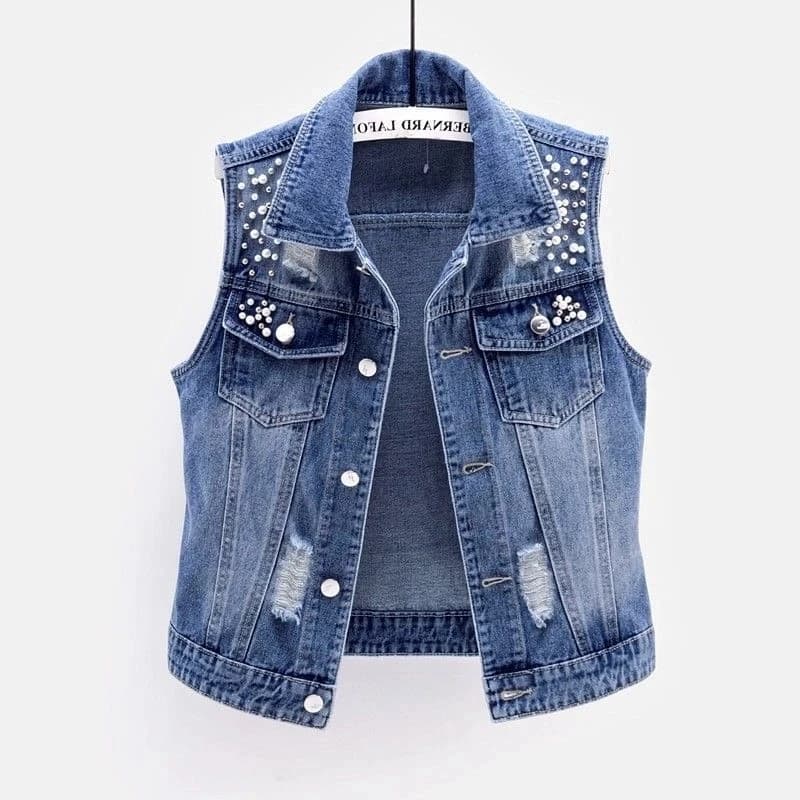 Gilet in Denim da Donna con Perle di Lusso, Moda Primavera Autunno 2026, Giacca in Jeans Senza Maniche, Cappotto Corto Ampio, Gilet Streetwear Femminile