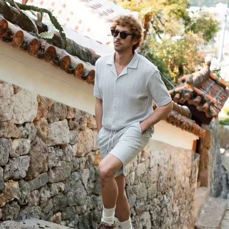 Men Summer 3D Solid Cool Breathable 2Pcs Casual Set Short Sleeve Shorts Daily Sport Outfit