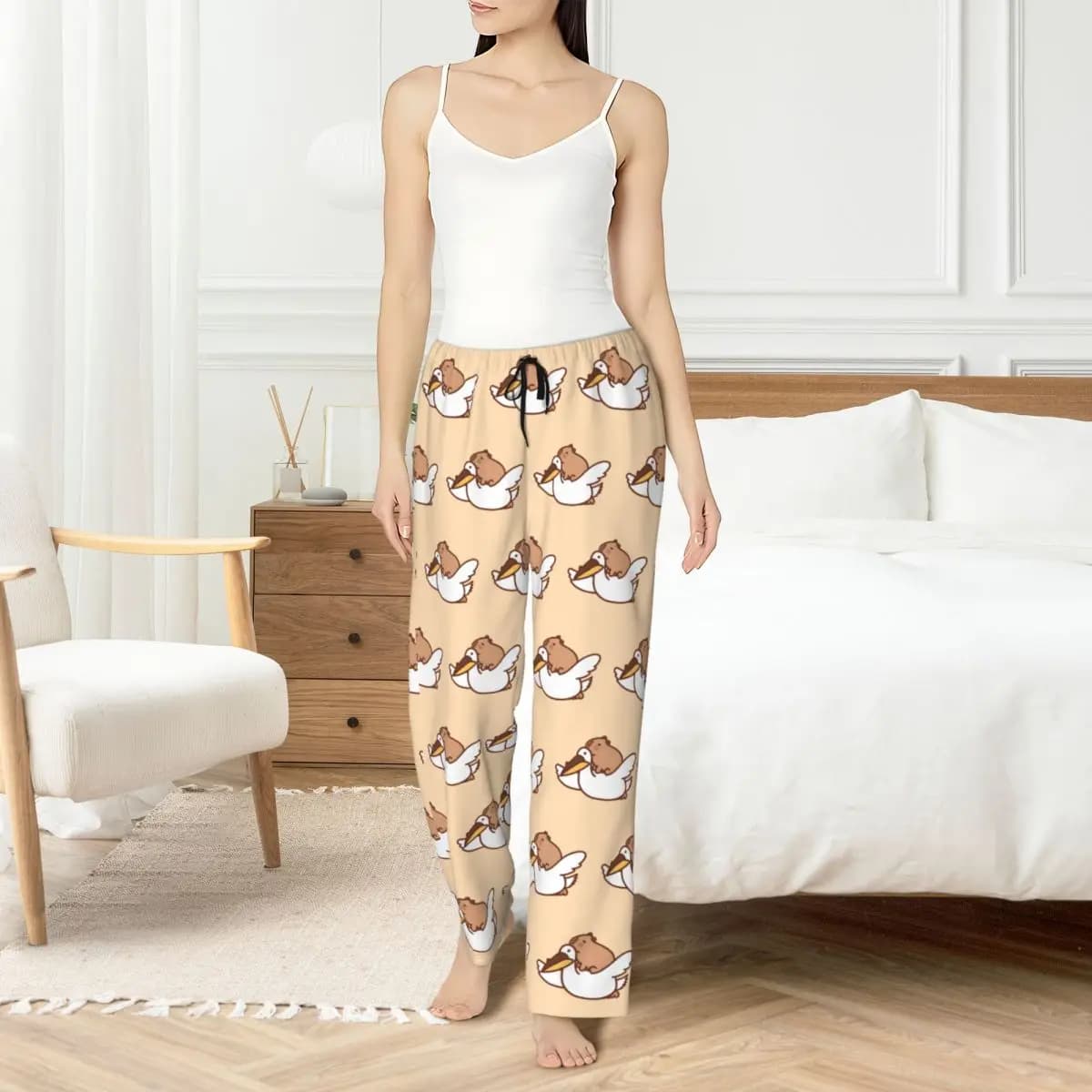 Custom Capybara Pajama Pants Sleepwear Womens Elastic Waistband Cute Anime Sleep Lounge Bottoms with Pockets