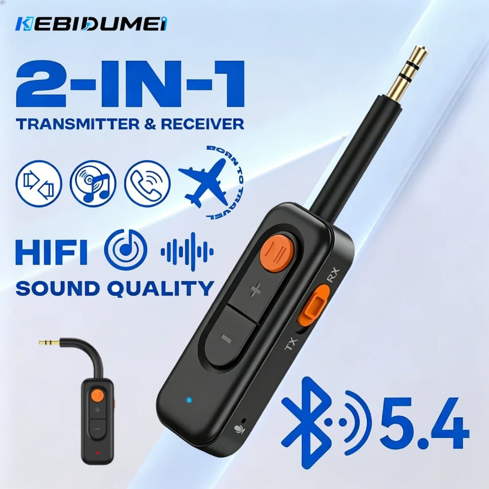 KEBIDUMEI Bluetooth 5.4 Audio Transmitter Receiver 3.5MM Stereo Music Wireless Adapter With Mic For Car Airplane TV PC Speaker
