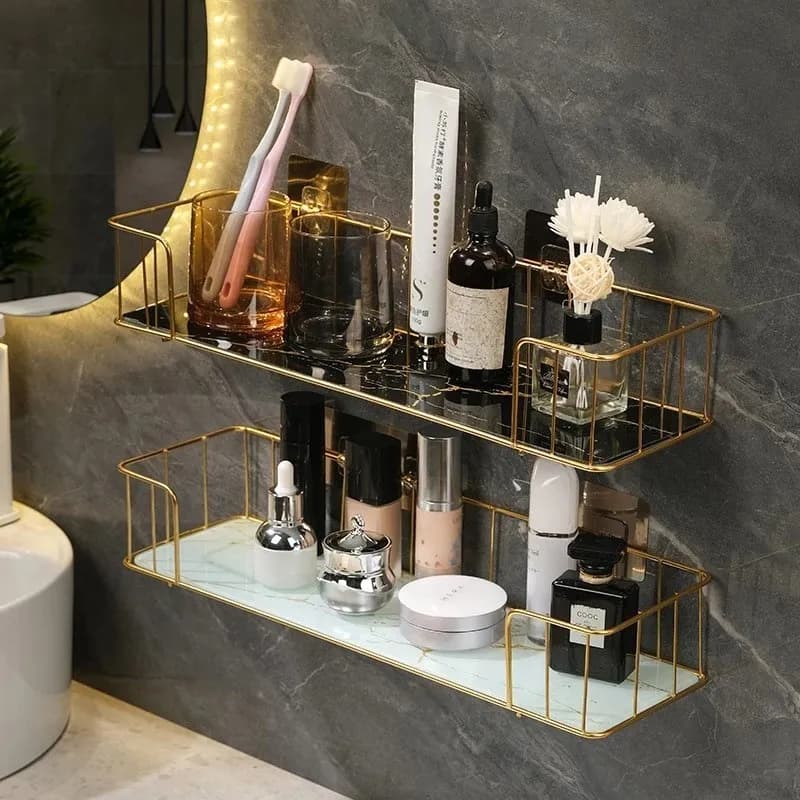 Mensola da bagno di lusso senza foratura Mensola da parete in ferro con piastra in vetro in stile marmo Portaoggetti per trucco Accessori da bagno