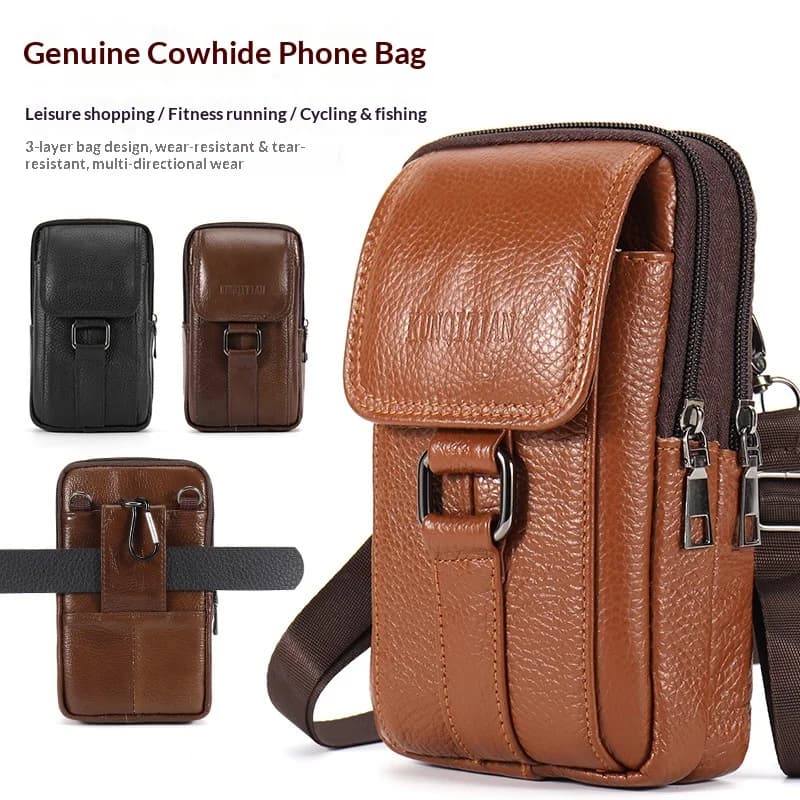 Genuine Leather Men's Phone Belt Pouch - Waist Pack, Belt Loop Holster, Phone Bag, Phone Backpack - Versatile Style
