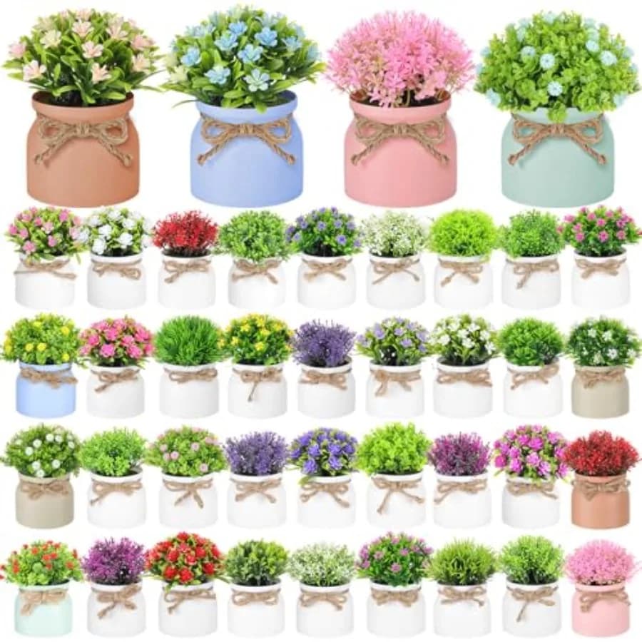 Pack of 40 small artificial spring plants, mini potted flowers for wedding favors, bachelorette party decorations, small flowers