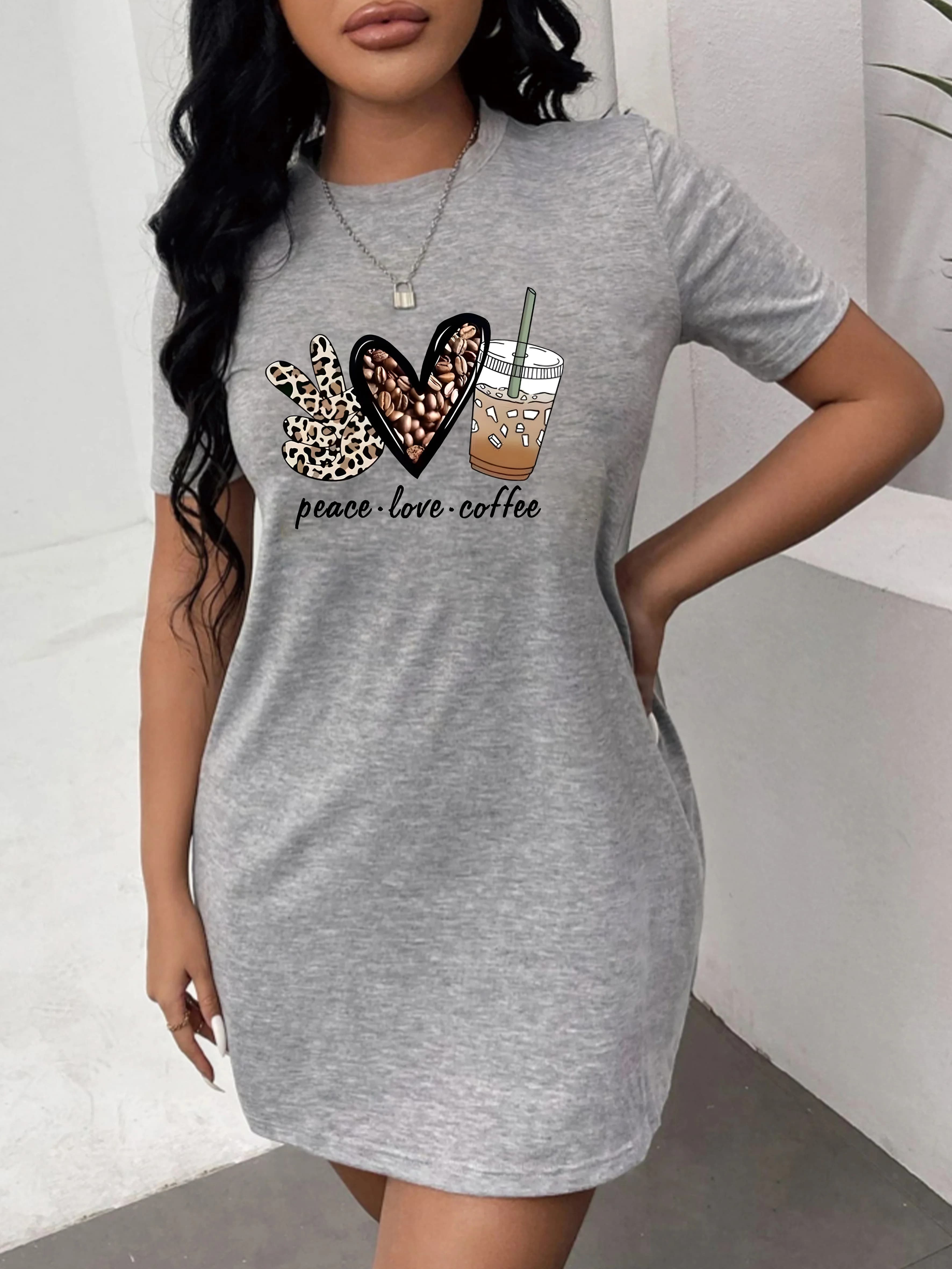 Summer Peace and Love Coffee Leopard Print Design Women Oversized Imitation Dress High Quality Short Sleeved Pajamas Home Wear