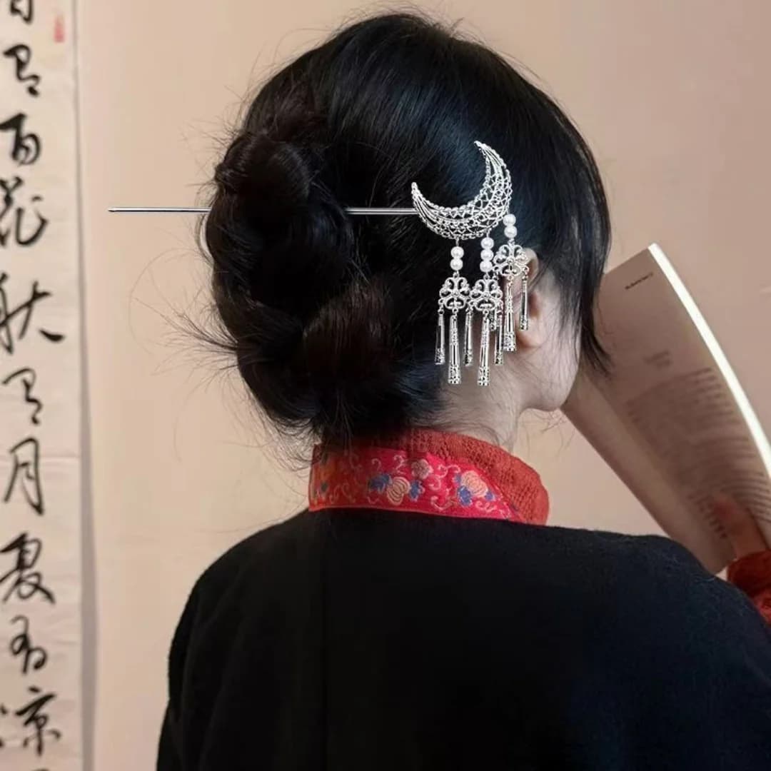 Fermaglio per capelli a forma di U in argento da donna, stile etnico, accessorio per capelli in stile antico, fermaglio per capelli a mezzaluna con nappa in metallo