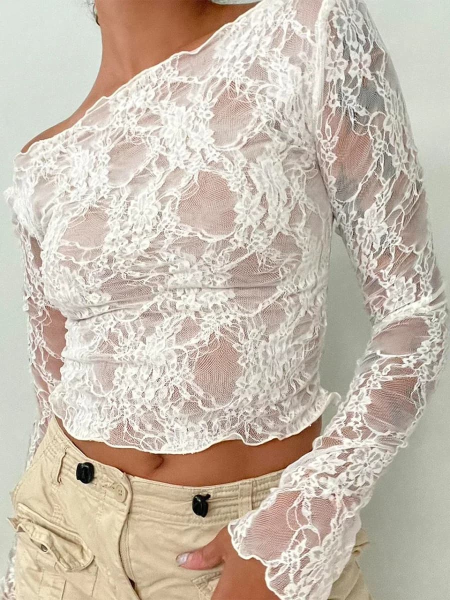 Donne Y2k pizzo floreale maglia Crop top Off-spalla top See-Through pizzo manica lunga camicia Casual pullover per Club Streetwear