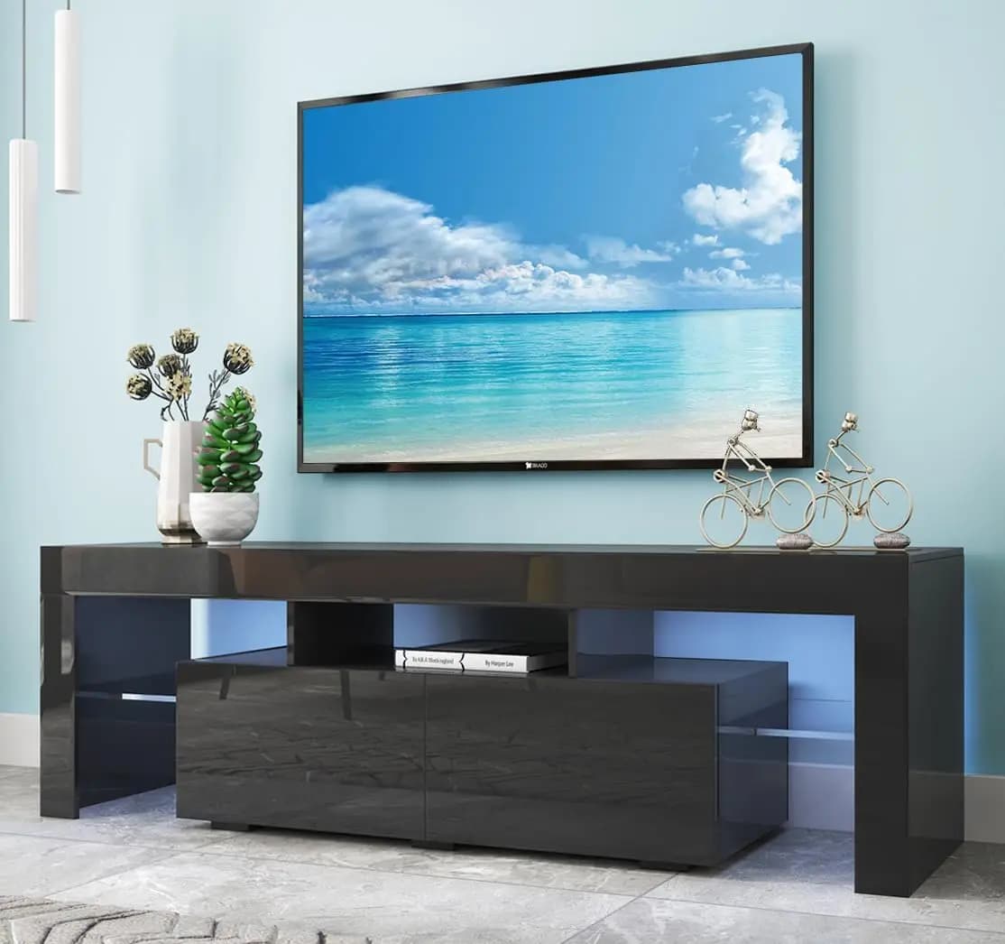Mobile TV moderno con striscia LED e prese di corrente, mobile TV LED per TV da 45 50 55 60 65 70 pollici, centro di intrattenimento