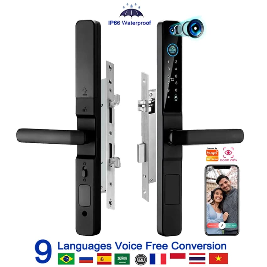 Impermeabile Tuya Wifi Smartlife Password per impronte digitali Chiave per scheda RFID Porta scorrevole di sicurezza Smart Lock con campanello spioncino per fotocamera