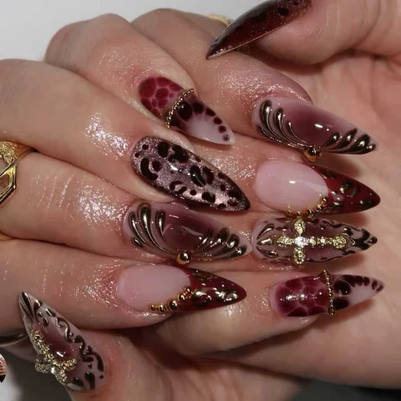 Gradient wine red brown fake nails with cross rhinestones leopard printing Almond nail tips full cover reusable press on nails
