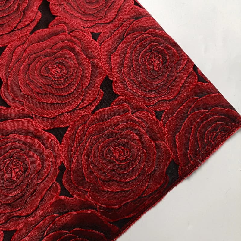 High Density Big Dark Red Rose Relief Jacquard Fabric Creative Clothing Designer Fabric Wholesale Cloth for Sewing Diy Material