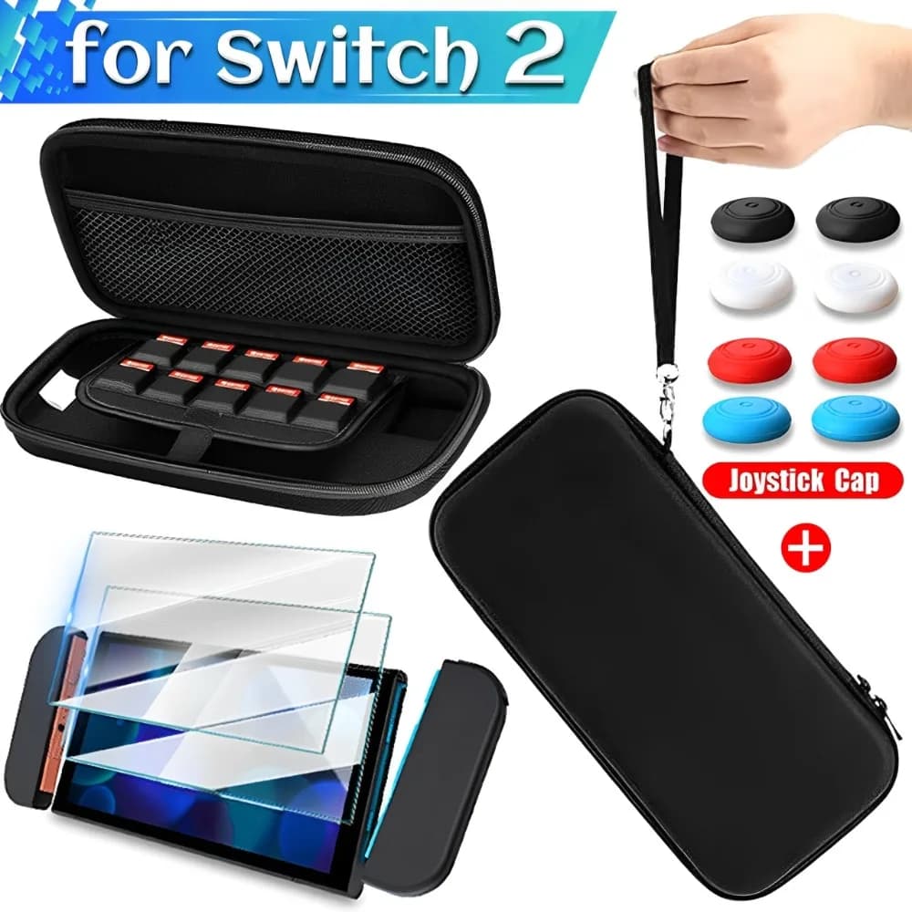 Custodia da trasporto per Nintendo Switch 2 2025 Proteggi schermo in vetro temperato con cappuccio per joystick per Switch 2 Borsa da viaggio portatile in EVA