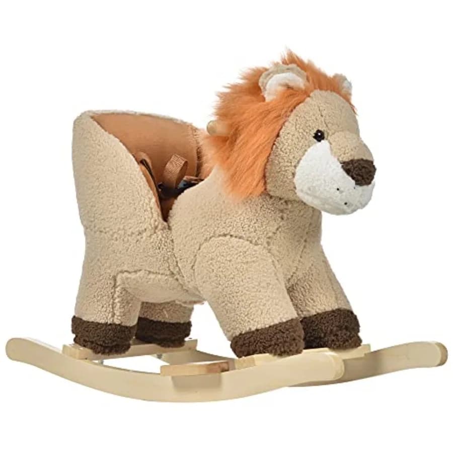 Cavallo a Dondolo per Bambini a Forma di Leone con Suono, Peluche Imbottito, Cavallo a Dondolo in Legno con Cintura di Sicurezza per Bambini fino a 36 Mesi
