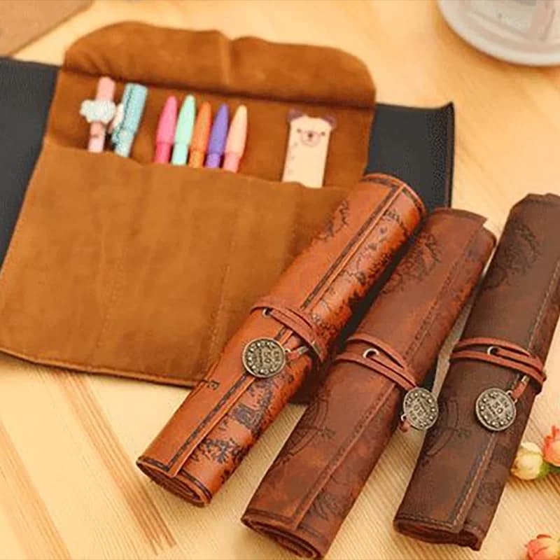 1pcs Dark Brown Leather Pencil Pouch Scroll Organizer Vintage Pencil Pouch Bag Scroll Case Portable Stationery Pouch