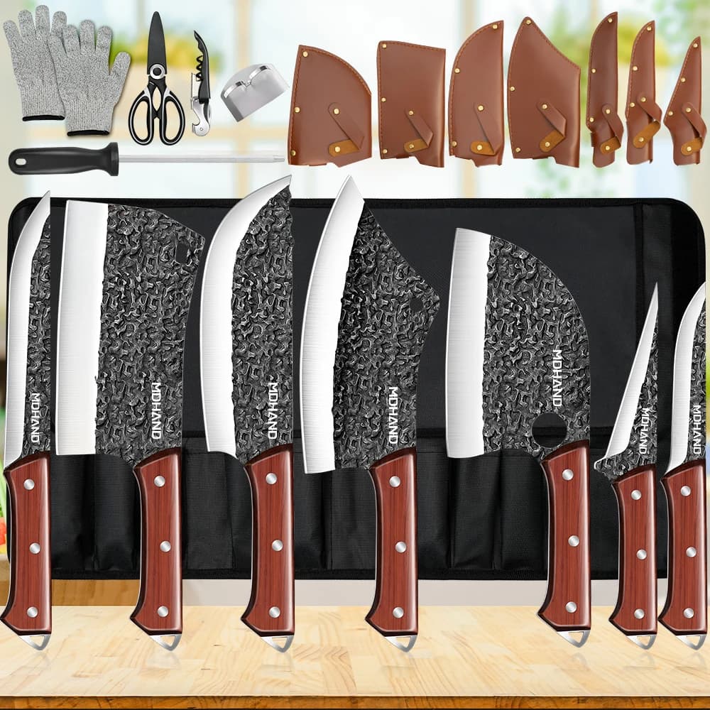ZENG 14 pezzi coltelli da cucina set mannaia taglio carne bistecca filetto coltello da pesce macellaio disossamento lama forgiata a mano con temperamatite