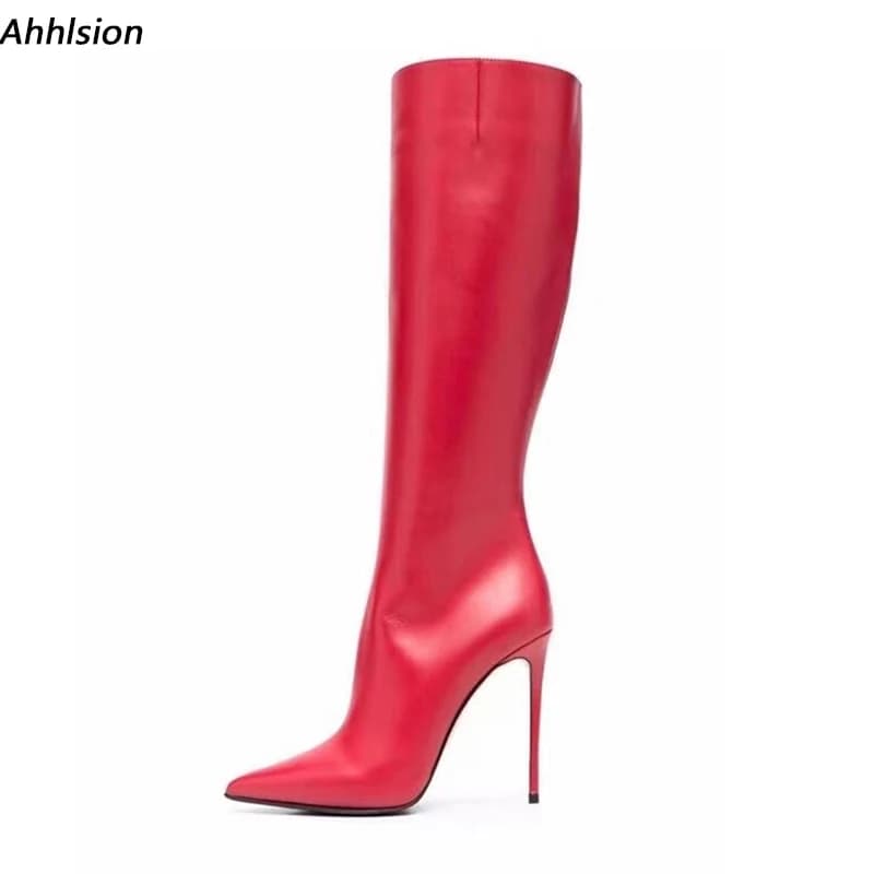 Ahhlsion Stivali invernali da donna fatti a mano al ginocchio Tacchi a spillo in ecopelle Punta a punta Scarpe da club piuttosto rosse da donna Taglia USA 5-15