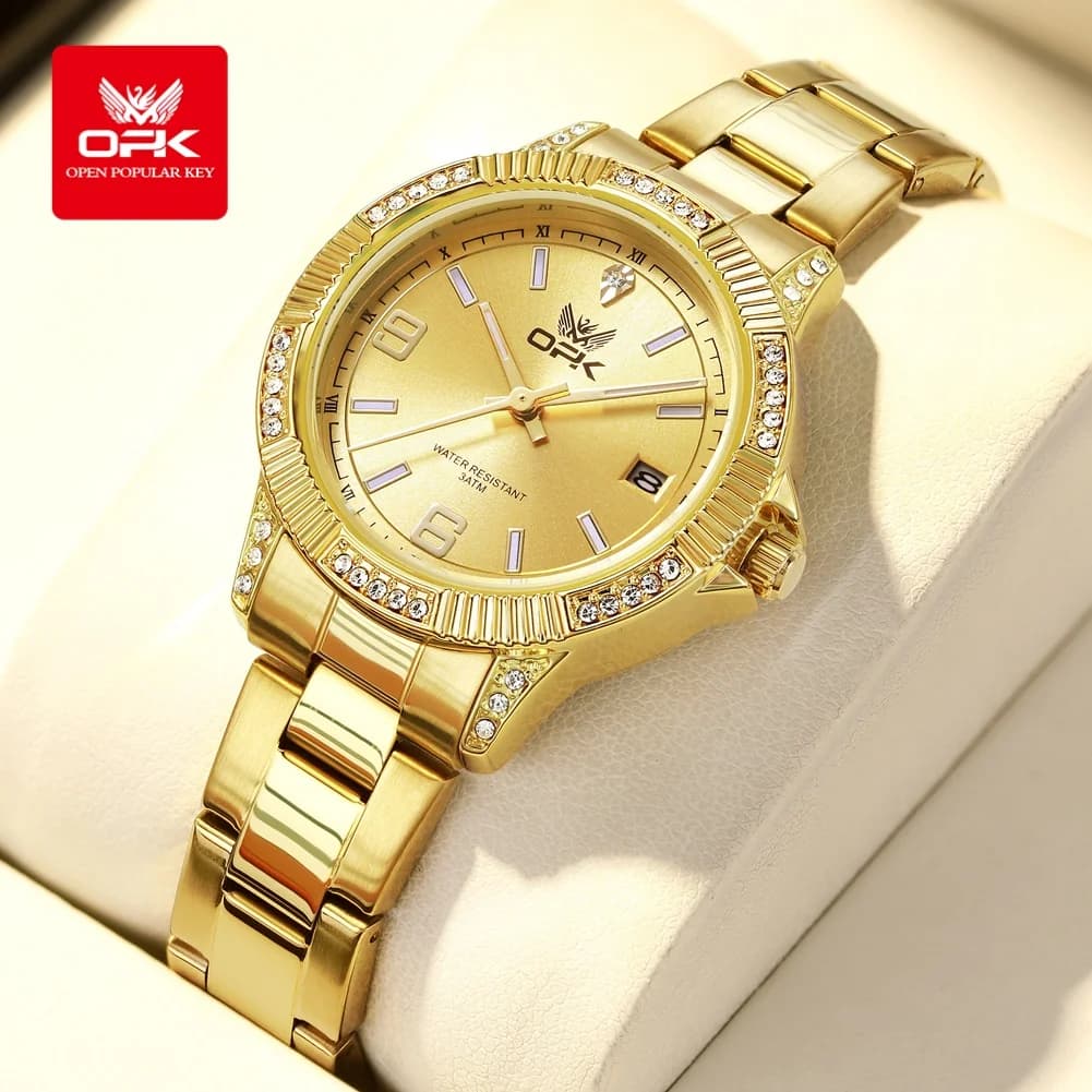 OPK 8184 Orologio di Lusso Tutto in Oro Impermeabile Luminoso con Display Data Automatico Orologio al Quarzo Marca Originale Quadrante Grande per Uomo e Donna