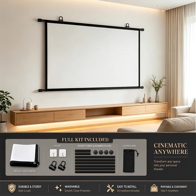 Wall Mounted Projection Screen 16:9 4K HD No Drill Portable Projector Screen With Support Bar Hooks Hanging Rings For Home