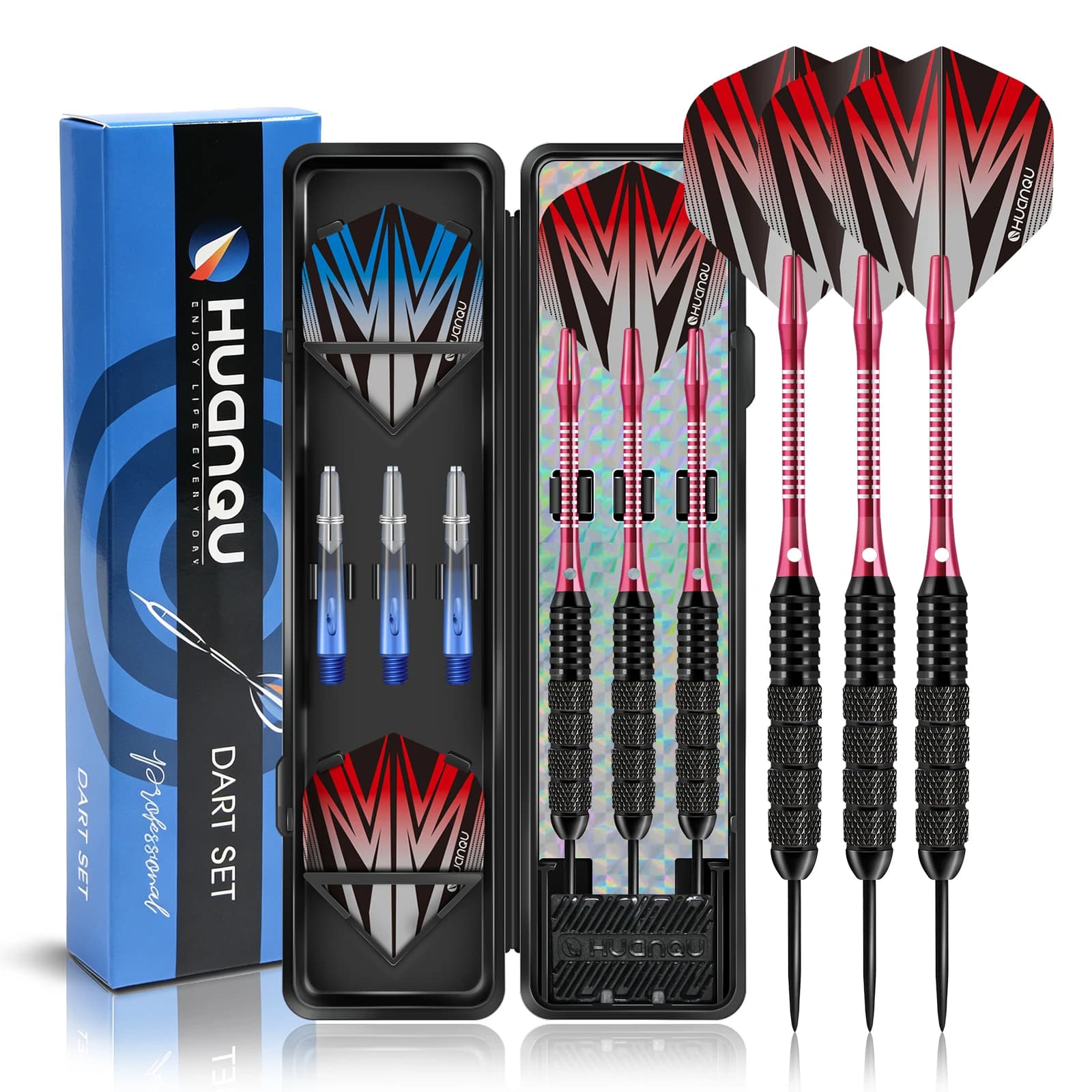 HUANQU 3Pcs 24g Steel Tip Darts Set Knurled Grip Dart Barrels with Spare Shafts Flights Carry Case for Dartboard Game