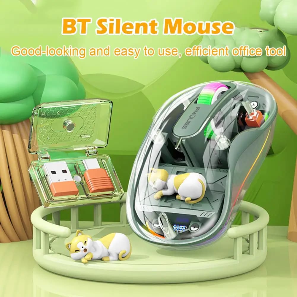 Mouse ricaricabile a tre modalità, bambola carina, cartone animato trasparente, wireless, con display di alimentazione, per tablet, laptop, iPad, regalo per bambini