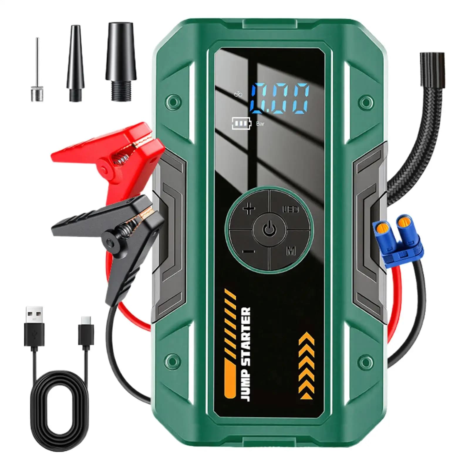 Avviatore di Emergenza 2 in 1 con Luce, Display Digitale, Pompa d'Aria Impermeabile, per Auto, Moto, Bici, Pneumatici, Viaggi