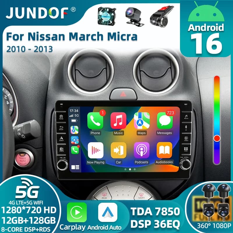 Autoradio Android 16 per Nissan March MICRA 2010 2011 2012 2013, Lettore Multimediale Audio Video 4G con GPS e Carplay