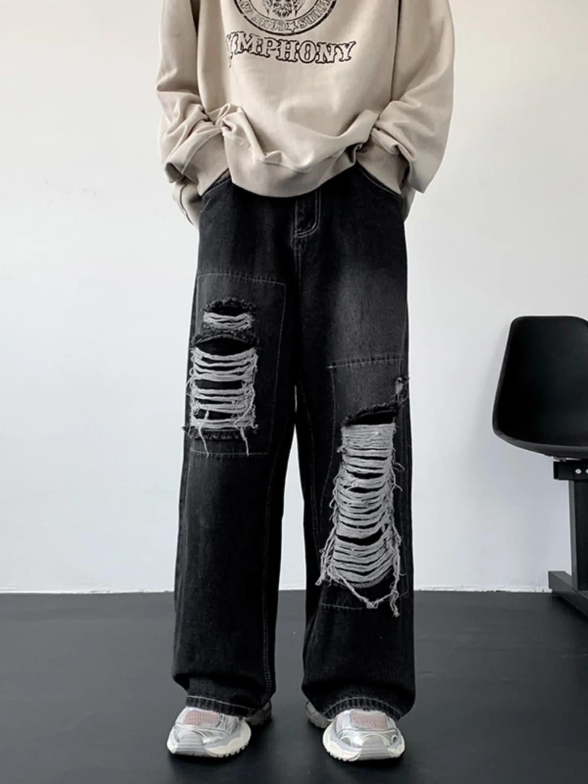 American Street Style Patchwork Hole Design Denim Jeans Men's Trendy Brand High Street Loose Straight Leg Pants
