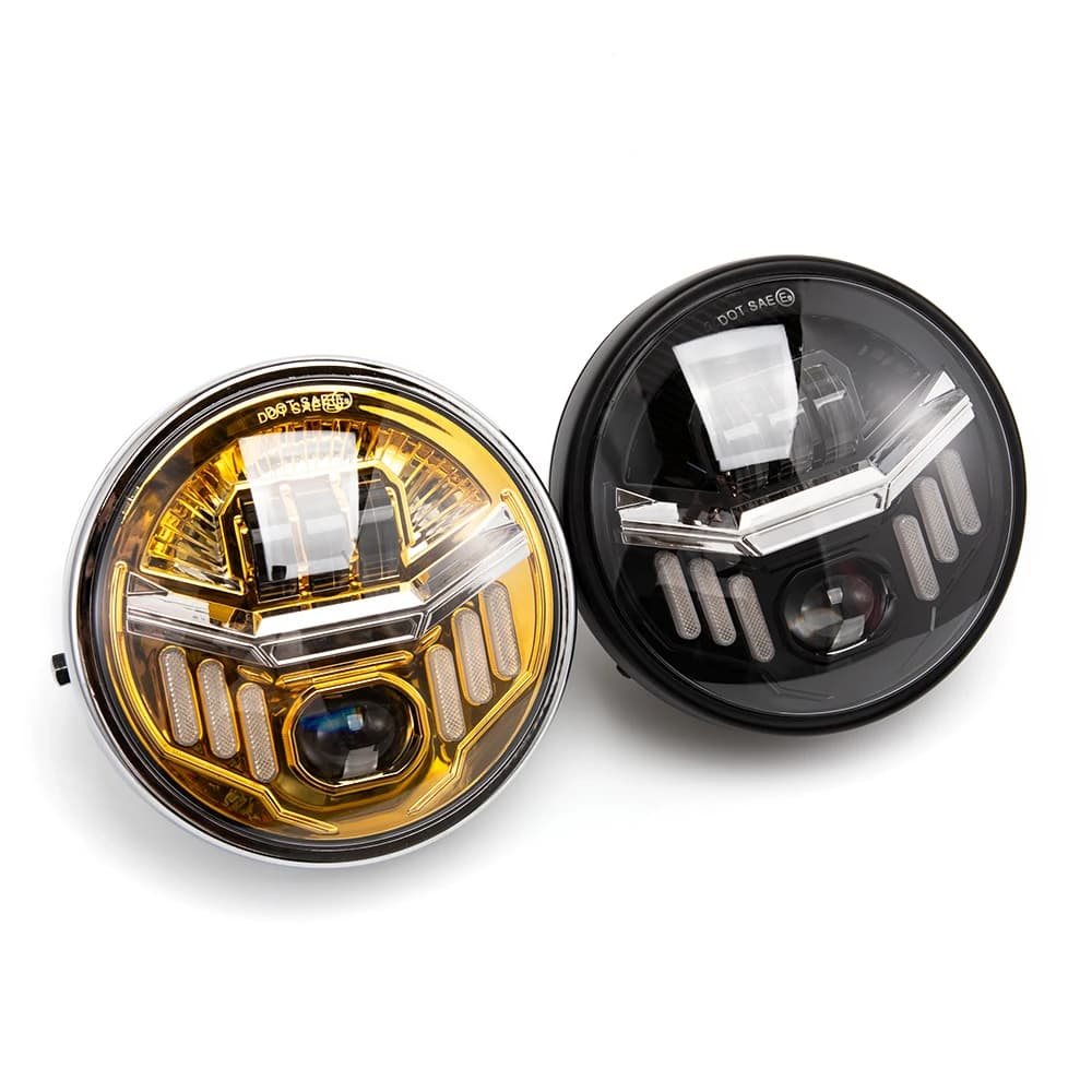Faro per moto a LED da 7 pollici abbagliante vicino alla luce Luce di marcia diurna bianca Indicatori di direzione gialli Fari rotondi da 7 pollici