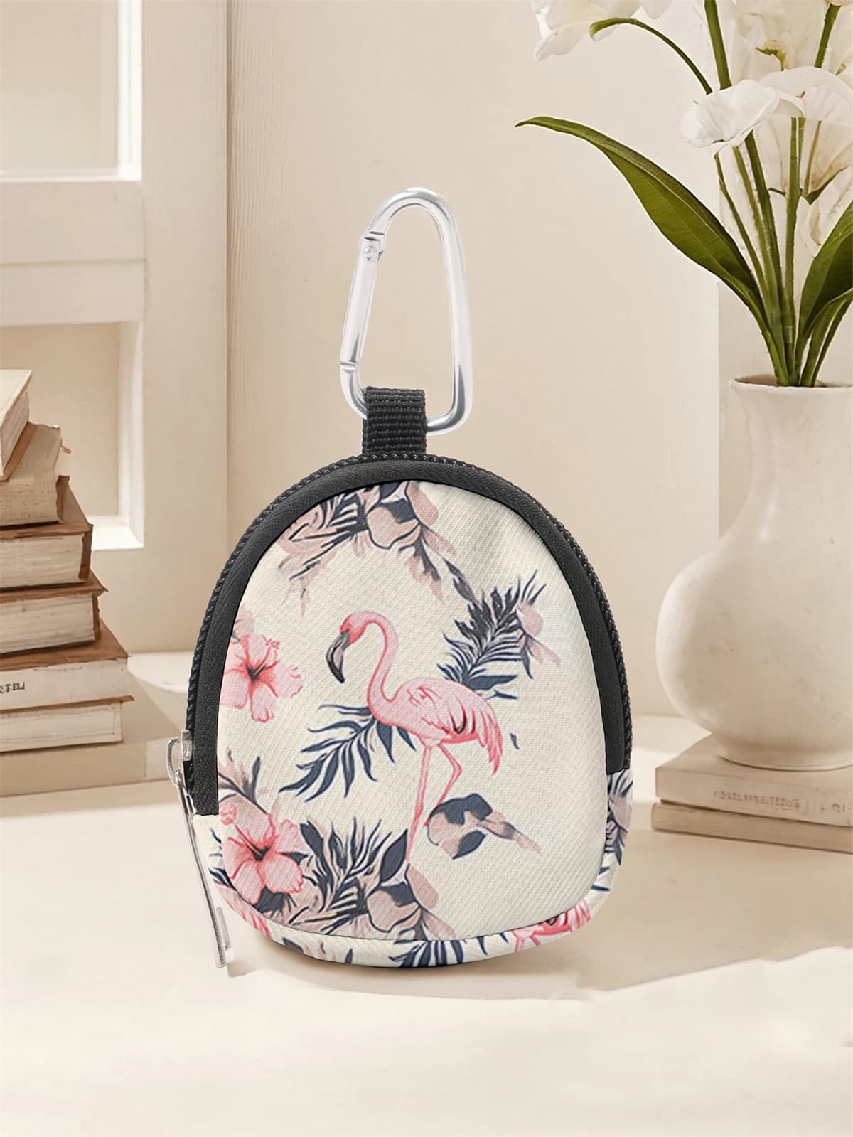 Mini portafoglio stampato con motivo fenicottero, borsa per il cambio con cerniera con clip a gancio, borsa per chiavi per cuffie, adatta per uomini e donne