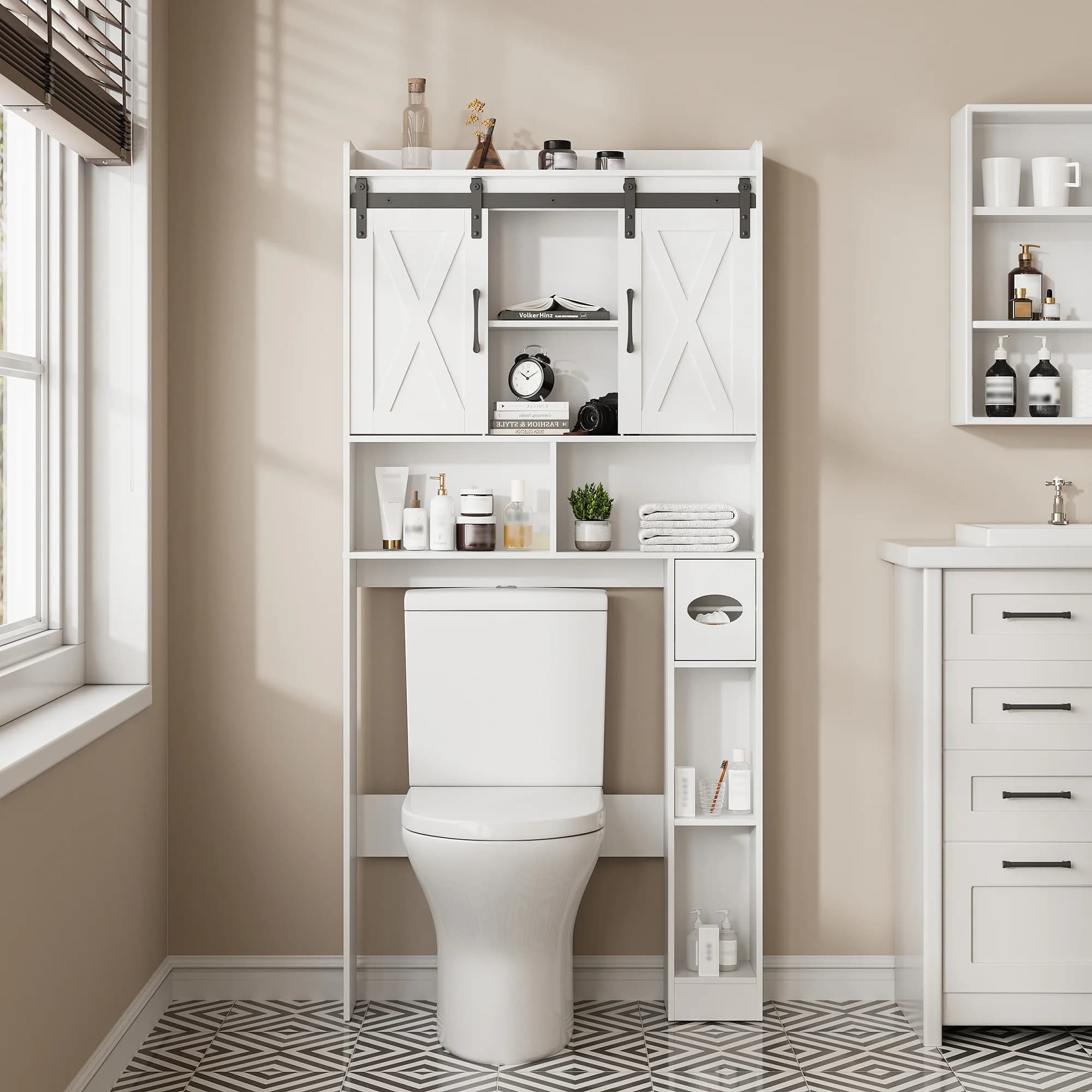 Mobiletto da Bagno con Porta Scorrevole - Armadietto Multifunzionale per Bagno, Porta Carta Igienica, Organizzatore per Cosmetici e Articoli da Toeletta